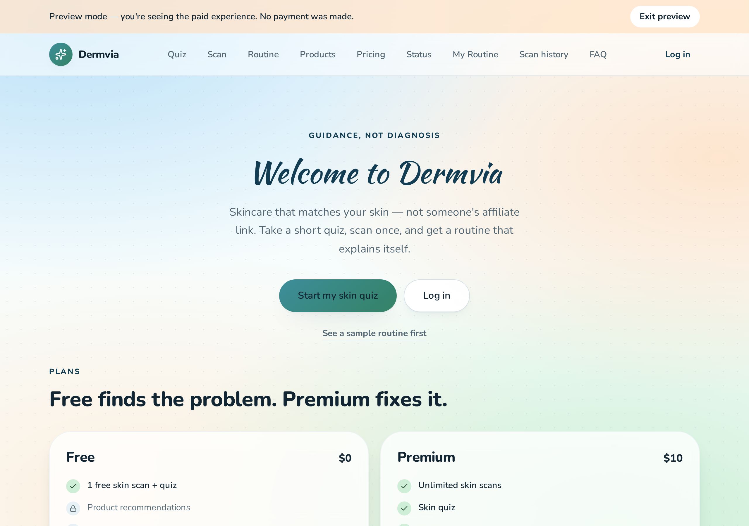 Dermvia screen: Home — positioning and promise