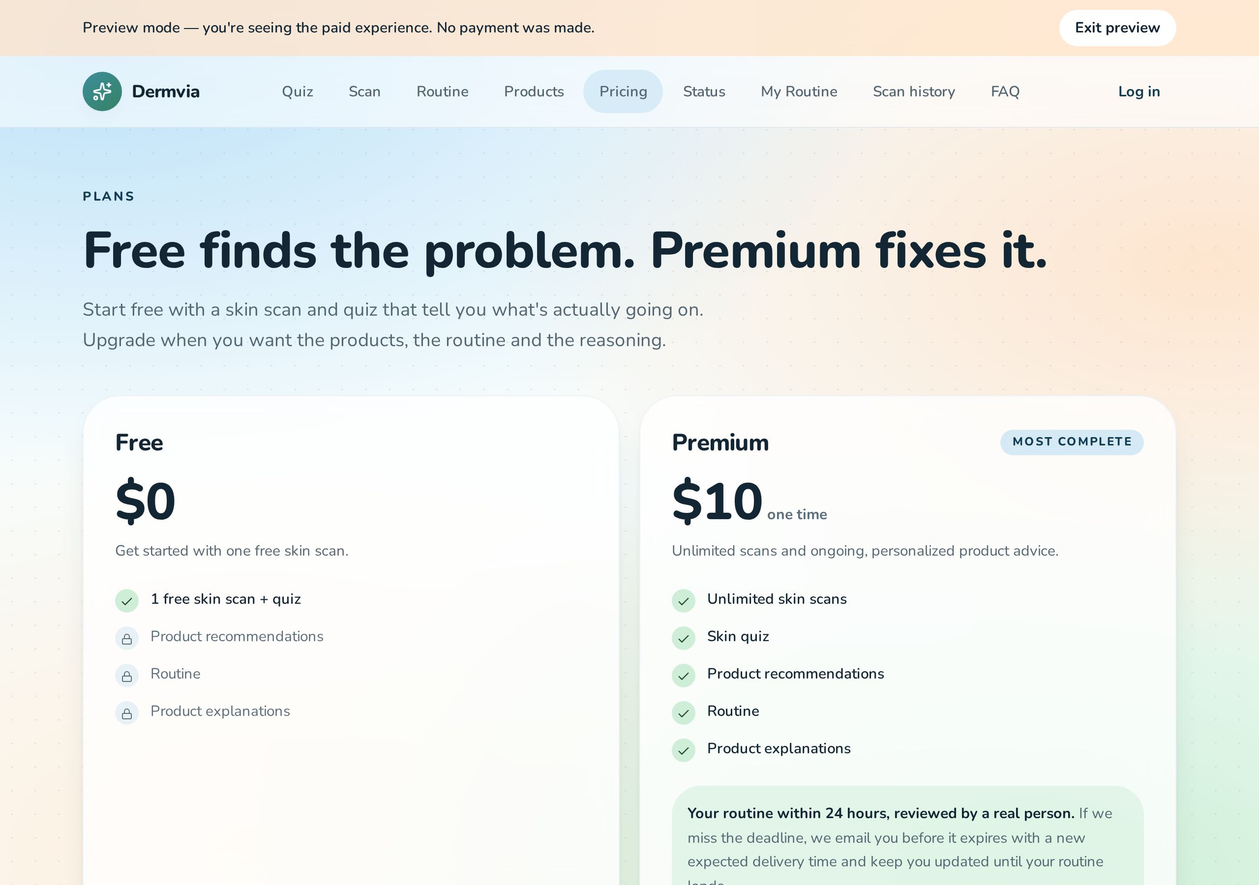 Dermvia screen: Pricing — Free vs Premium, $10 one-time