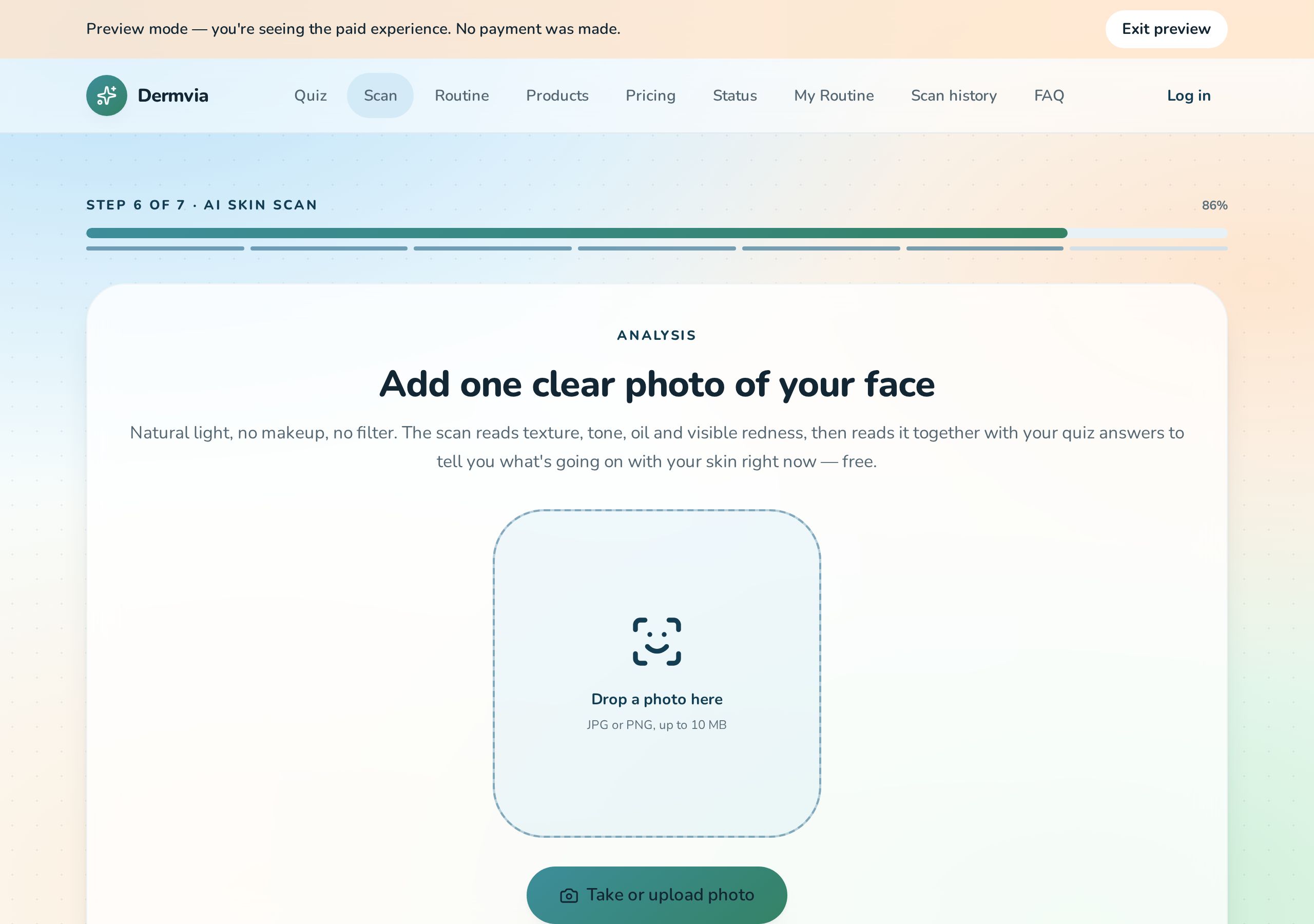 Dermvia screen: AI skin scan — upload and quality checks