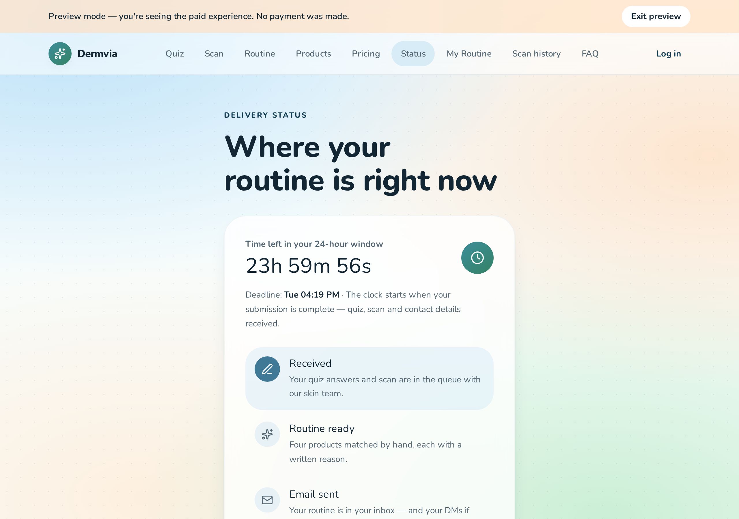 Dermvia after payment: Delivery status